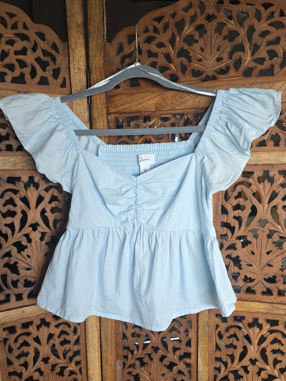Light Blue Women's Peplum Ruffle-Sleeve Top
